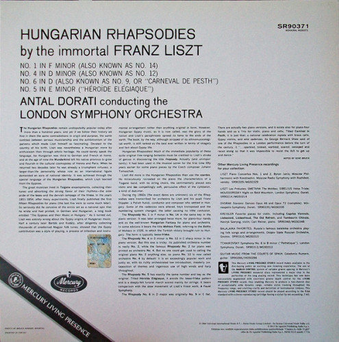 Виниловая пластинка LISZT "Hungarian Rhapsodies Nos.1, 4, 5 And 6" (LP) 