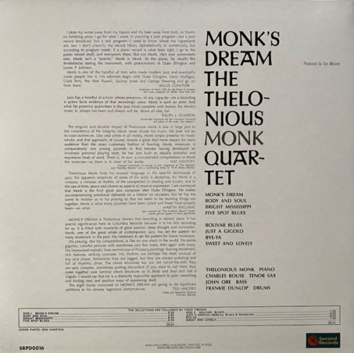 Виниловая пластинка THELONIOUS MONK QUARTET "Monk`s Dream" (SRPD0016 LP)