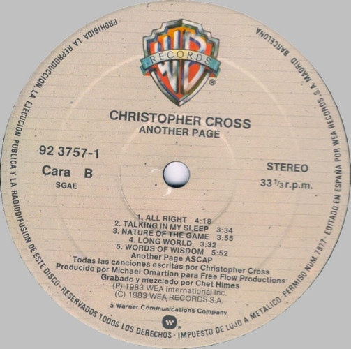 Виниловая пластинка CHRISTOPHER CROSS "Another Page" (NM LP)